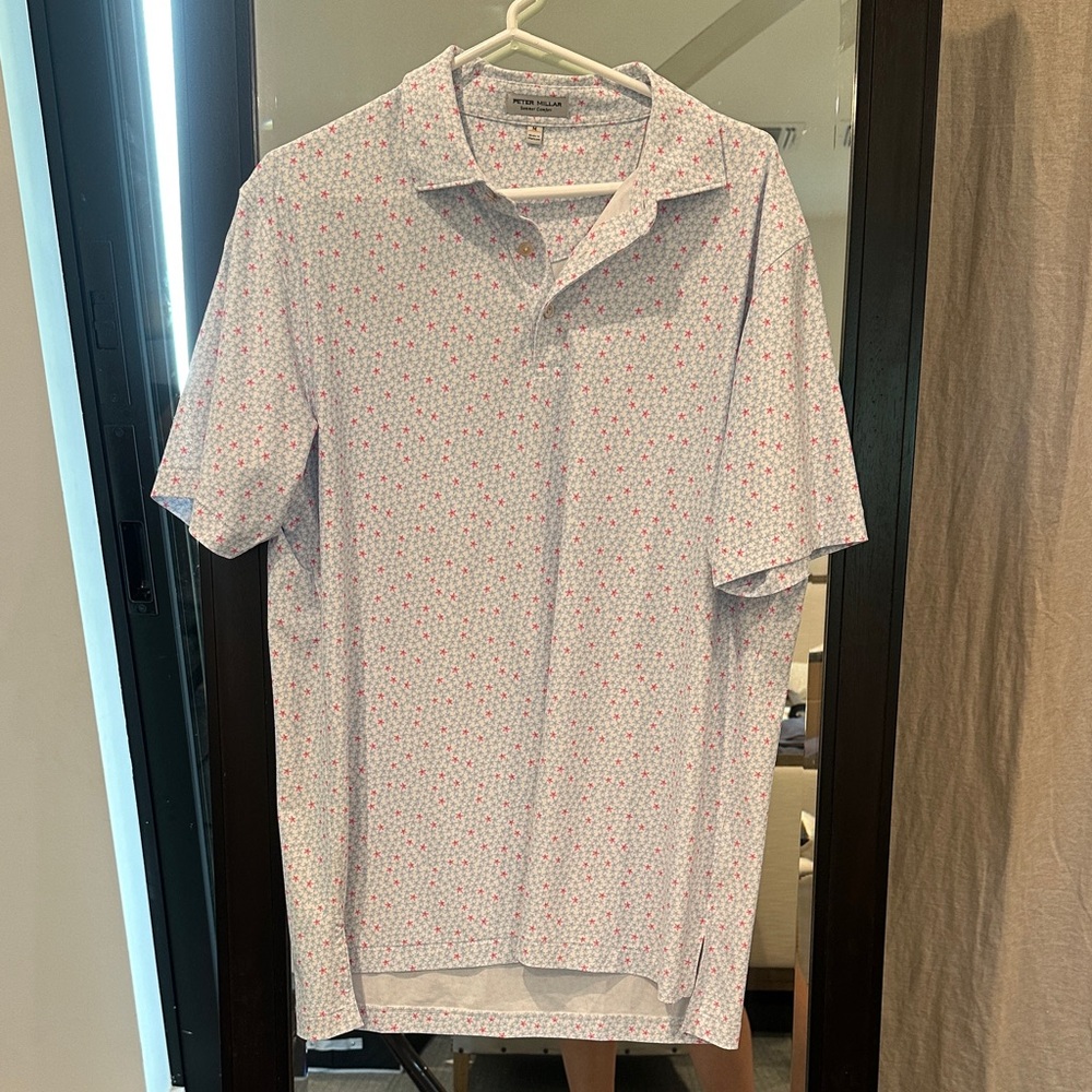 Peter Millar White Polo with Pink Micro Floral Print